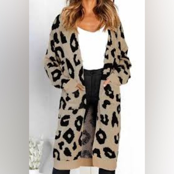 Leopard Print Open Front Long Cardigan - Picture 1 of 5